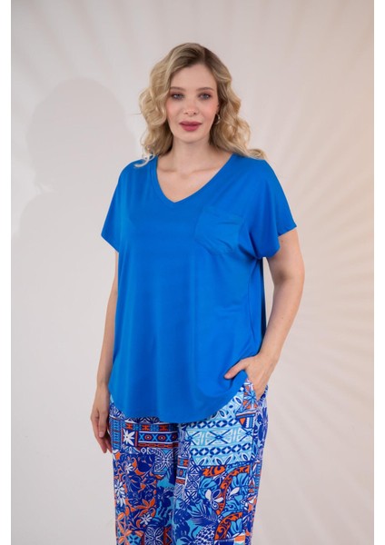 Kadın Büyük Beden Beria V Yaka Bluz Mavi fiyatları
