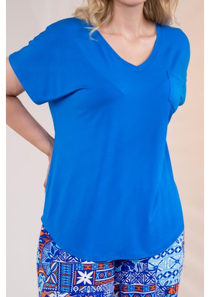 Kadın Büyük Beden Beria V Yaka Bluz Mavi modelleri