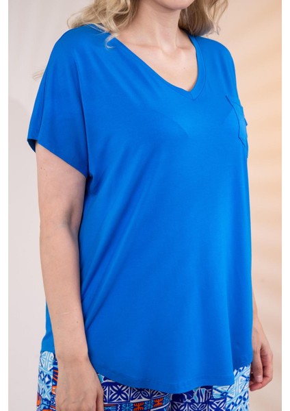 Kadın Büyük Beden Beria V Yaka Bluz Mavi indirimleri