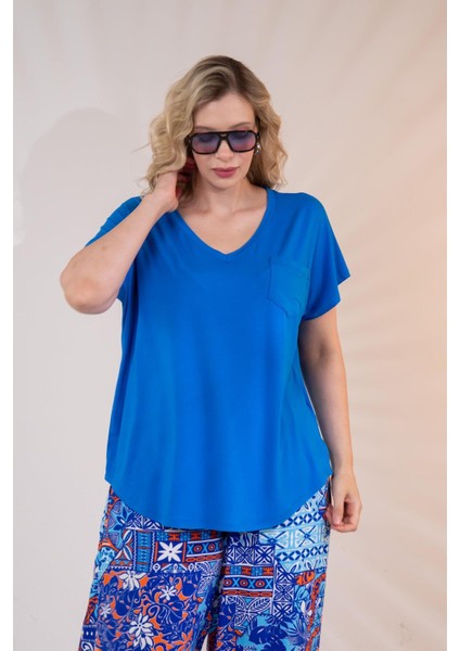 Kadın Büyük Beden Beria V Yaka Bluz Mavi