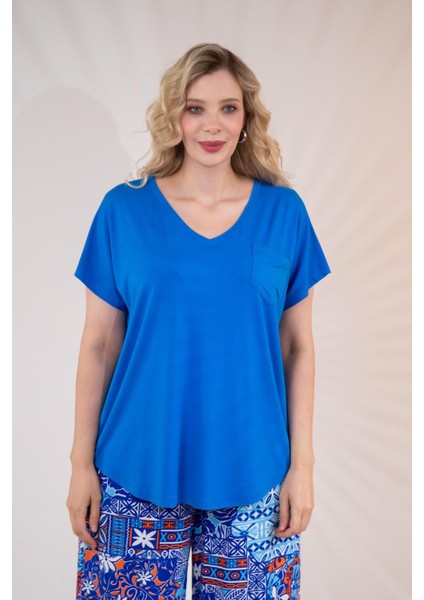 Kadın Büyük Beden Beria V Yaka Bluz Mavi