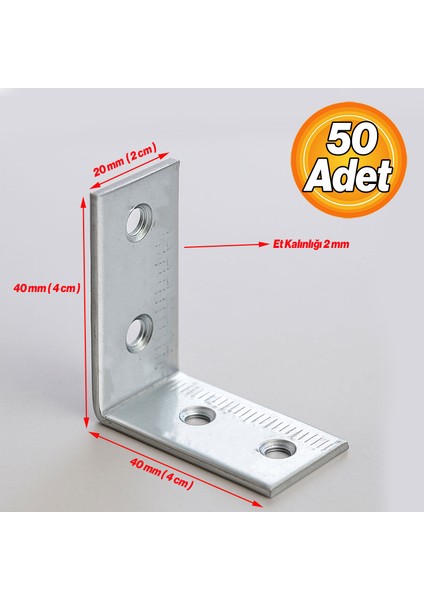 Raf Köşe Bağlantı Demiri 20X40X40 mm Metal L Demir (50 Adet) Dolap Mobilya Sabitleme Destek Seti fiyatları