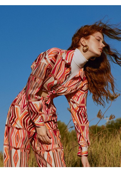 Yeni Sezon Desenli Uzun Kollu Saten Kadın Gömlek