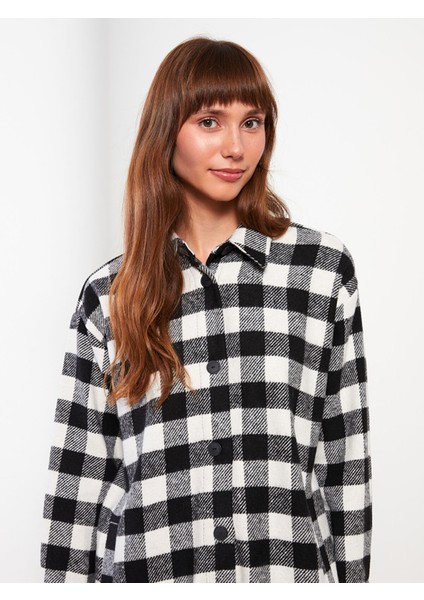 Yeni Sezon Ekose Uzun Kollu Gabardin Oversize Kadın Gömlek Ceket