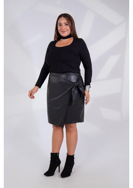 Kadın Büyük Beden Yandan Bağlamalı Suni Deri Siyah Etek indirimleri