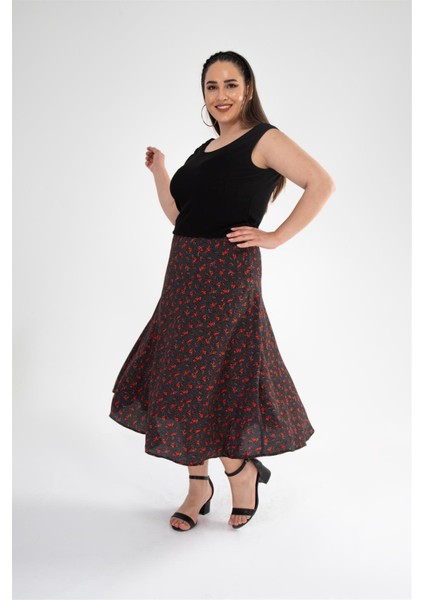 Kadın Büyük Beden Çıtır Çiçekli Etek Siyah Çiçekli
