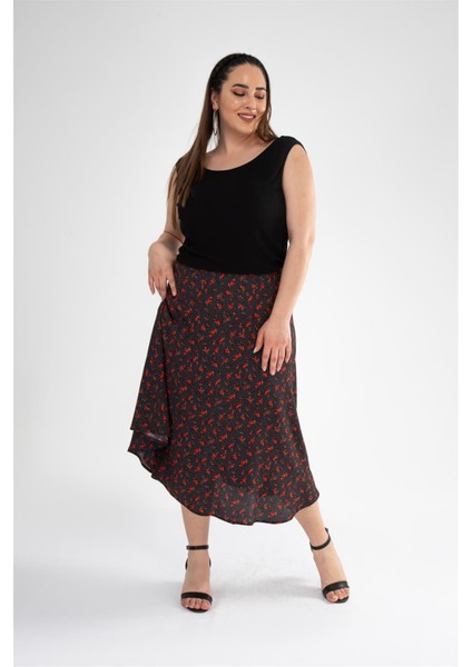 Kadın Büyük Beden Çıtır Çiçekli Etek Siyah Çiçekli modelleri