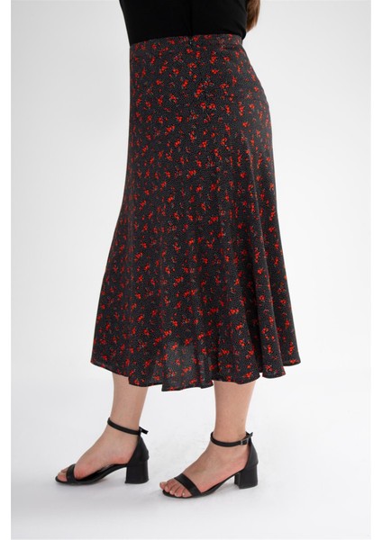 Kadın Büyük Beden Çıtır Çiçekli Etek Siyah Çiçekli