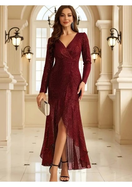 Uzun Koll Kruvaze Yaka Pulpayetli Abiye Elbisesi