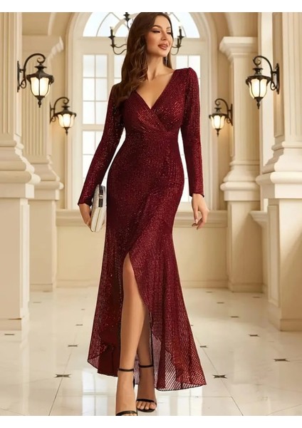 Uzun Koll Kruvaze Yaka Pulpayetli Abiye Elbisesi fiyatları