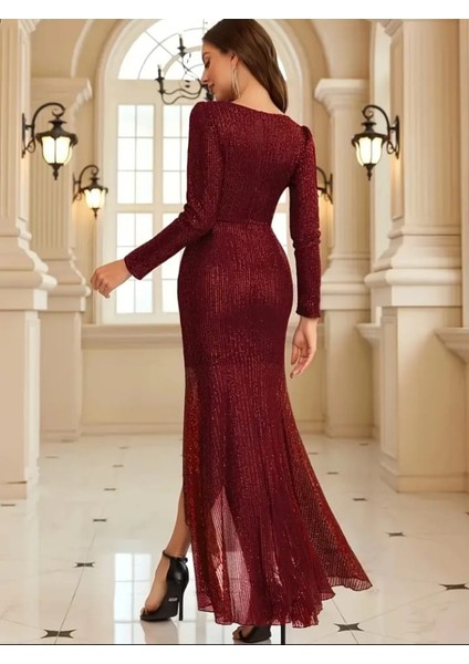 Uzun Koll Kruvaze Yaka Pulpayetli Abiye Elbisesi modelleri