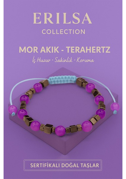 Sertifikalı Terahertz Mor Akik Doğal Taş Bileklik - Sakinlik Koruma Enerji Denge Taşı