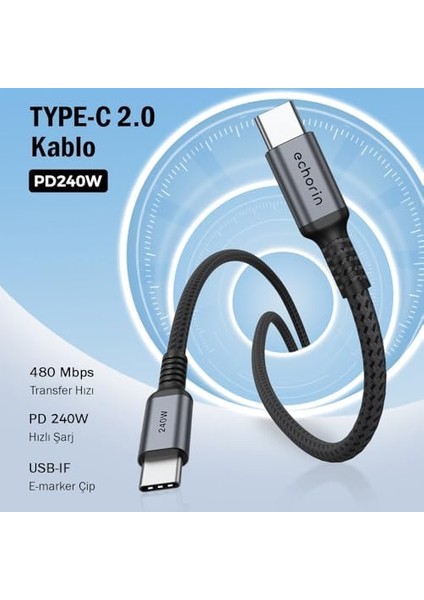 Type-C To Type-C (3 Metre) Hızlı Şarj 240W Pd 48V5A Yüksek Kaliteli Alüminyum Örgülü Kablo Gri fiyatları