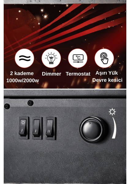 Xlarge Elektrikli Şömine & Elektrikli Soba Fanlı Isıtıcı, LED Odun Efekti, Metal Kasa ND-183C