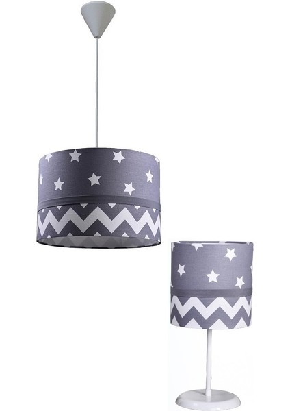 Gri Yıldızlı Gri Beyaz 2.li Set M-0387 Kumaş Kaplama Genç ve Çocuk Odası Avize ve Abajur Takımı