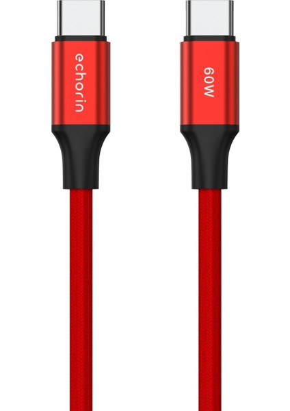 USB C'den USB C'ye 60W, 2.4A, 1m, Pd 2.0, Çift Kat Örgülü Hızlı Şarj ve Data Kablosu (Kırmızı, 1 Metre)