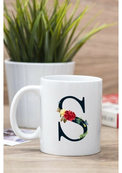 Beyaz S Harfi Çiçek Tasarım Baskılı Kupa