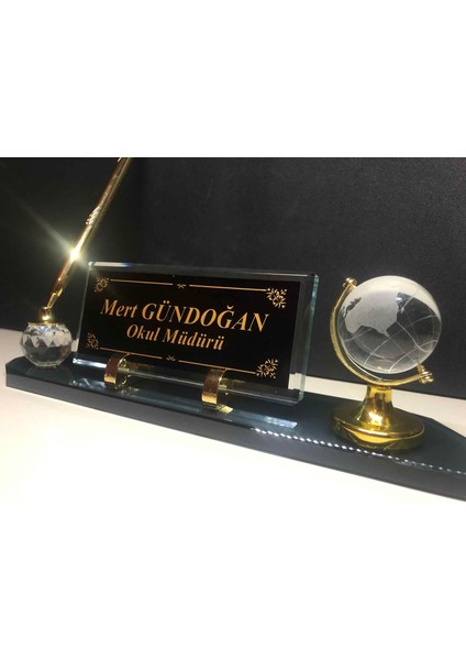 Cam İsimlik Kalem Seti Füme Renk Altın Detaylı 28x6 cm Ofis Dekoru