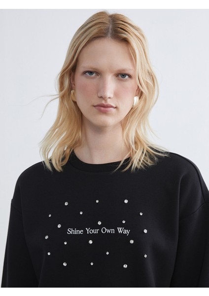 Yeni Sezon Bisiklet Yaka Taşlı Kadın Kalın Sweatshirt