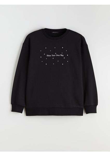 Yeni Sezon Bisiklet Yaka Taşlı Kadın Kalın Sweatshirt indirimleri