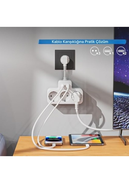 Korumalı Priz, Duvar Priz Çoğaltıcı, 3x Priz Soketi, 2x Type-C Girişi, 1x USB Girişi, Çocuk Korumalı ve Dayanıklı Yapı, Aşırı Gerilim, 16A/3680W (Kablosuz) (Siyah) fiyatları