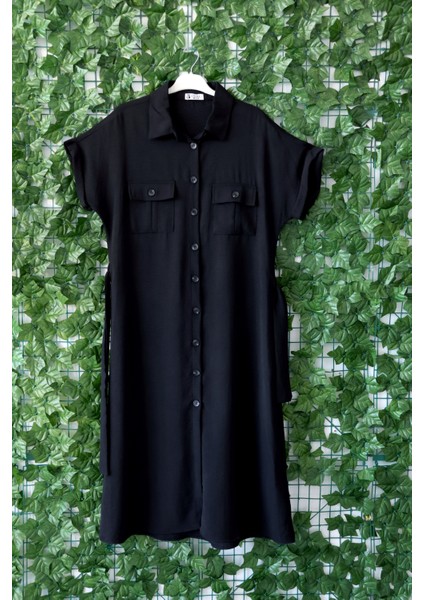 Kadın Düğmeli Siyah Elbise Kuşaklı