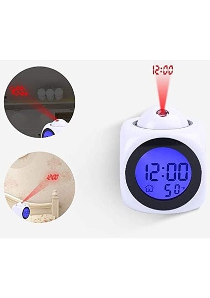 Duvara Yansıtmalı Projeksiyon Konuşan USB Şarjlı ve Pilli Alarmlı Yatak Başucu Uyandırma Servisi Masa Saati Çalar Saat (Beyaz) modelleri