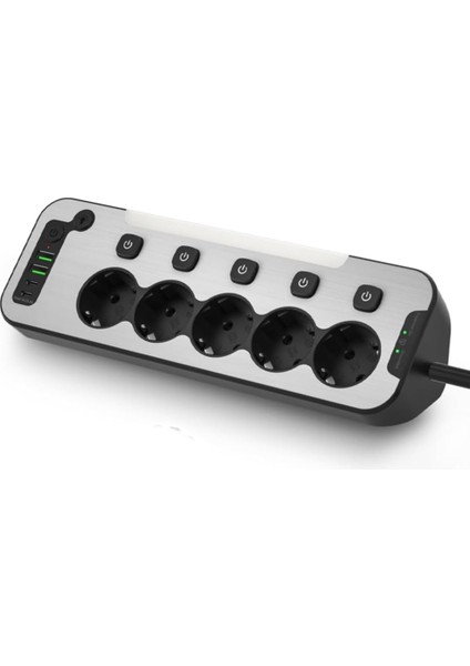 Bağımsız Anahtarlı 5'li Işıklı Akım Korumalı Çoklu Priz, 2x USB - 2x Type-C Giriş, Metal Ön Panel