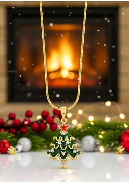 Paslanmaz Çelik Yeşil Mineli Zirkon Taşlı Yılbaşı Ağacı Kolye