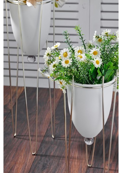 2'li Ayaklı Dekoratif Beyaz Saksı Yeni Model