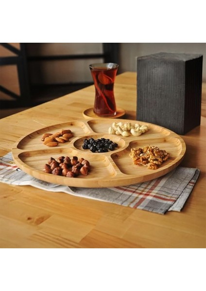 360° Dönebilen Bambu Kahvaltı, 30CM Sunum ve Çerezlik Tabağı 5 Bölmeli, Dönerli Bambu Sunum Tabağı