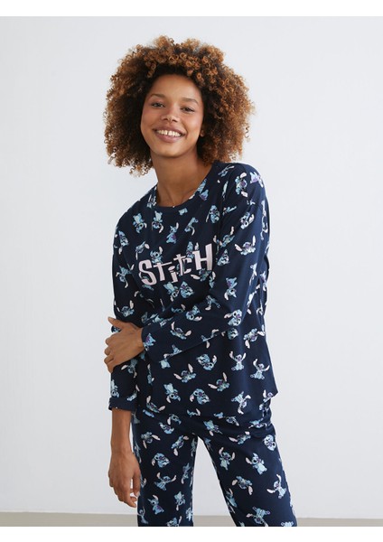 Yeni Sezon Bisiklet Yaka Stitch Baskılı Kadın Pijama Takımı