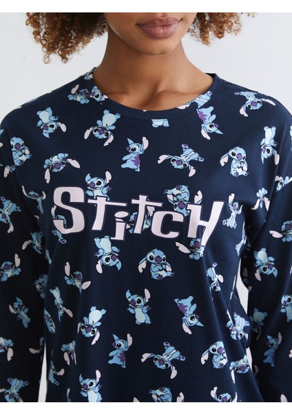 Yeni Sezon Bisiklet Yaka Stitch Baskılı Kadın Pijama Takımı modelleri
