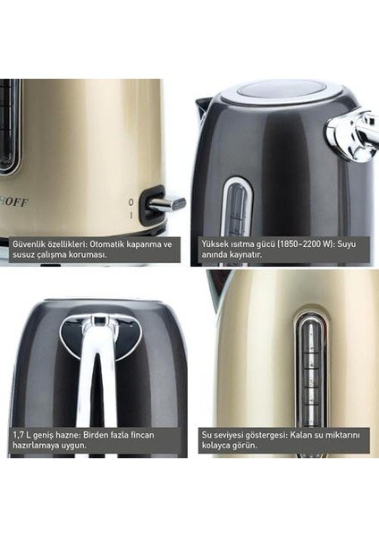 Gem Metallic 1.7 Litre Su Isıtıcısı – 2200 W, Paslanmaz Çelik Gövde | modelleri