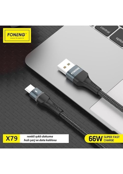 X79 66W USB To Type-C LED Işıklı Şarj ve Data Kablosu Ip Örgülü modelleri