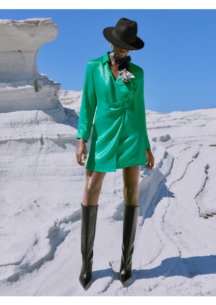 Yeni Sezon Düz Uzun Kollu Saten Kadın Gömlek Elbise