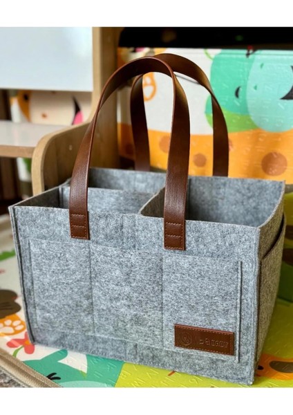 Deri Kulplu Keçe Çanta - Anne Bebek Düzenleyici – Bebek Bakım Keçe Organizer - Gri fiyatları