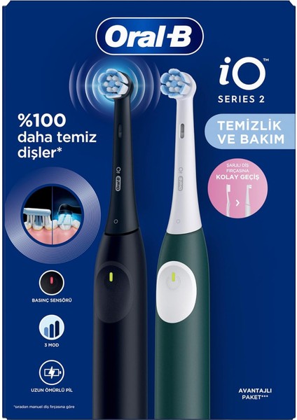 Oral-B Io 2 Şarjlı Diş Fırçası Seti 2&apos;li - Gece Siyahı/yeşil