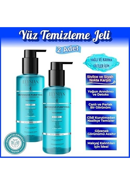 Elysian Essence Yoğun Arındırıcı Detoks Yüz Temizleme Jeli 2'li Set - Sivilce ve Siyah Nokta Karşıtı - Aha Bha - Kojik Asit 200 ml
