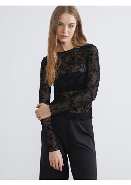 Yeni Sezon Bisiklet Yaka Çiçekli Büzgülü Bluz