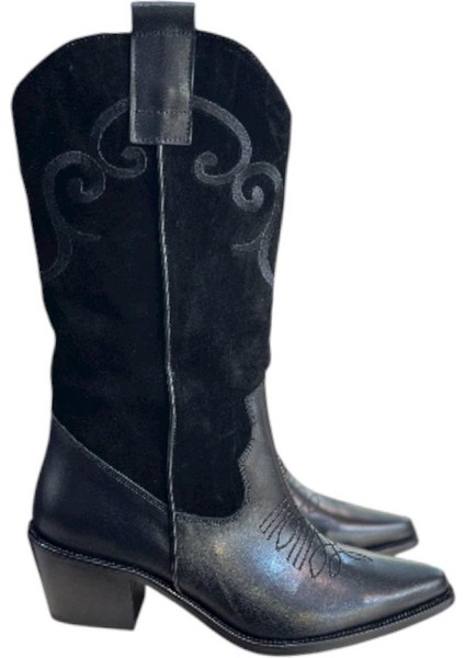 Siyah Hakiki Deri ve Süet Işleme Detaylı Western Çizme