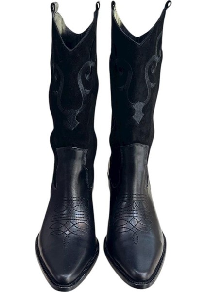 Siyah Hakiki Deri ve Süet Işleme Detaylı Western Çizme fiyatları