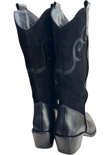 Siyah Hakiki Deri ve Süet Işleme Detaylı Western Çizme modelleri