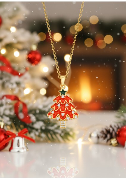 Paslanmaz Çelik Kırmızı Mineli Zirkon Taşlı Yılbaşı Ağacı Kolye