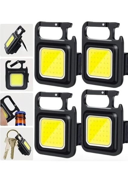 4 Adet LED Anahtarlıklı Metal Kasa El Şişe Açacağı Usb’li Şarj Edilebilir Cep Boy Cob 800MAH