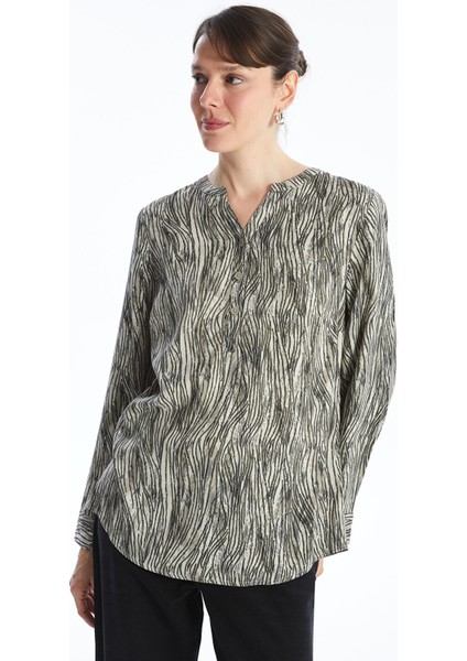 Yeni Sezon Kaçık Yaka Desenli Uzun Kollu Kadın Bluz