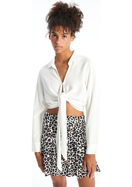 Yeni Sezon Gömlek Yaka Düz Uzun Kollu Keten Karışımlı Kadın Bluz