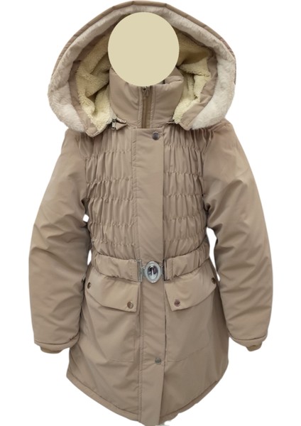 Kız Çocuk Önü Gipeli Kemerli Kapüşonlu Fermuar Çıtçıt Kapama Peluş Astarlı Açık Kahve Midi Boy Mont