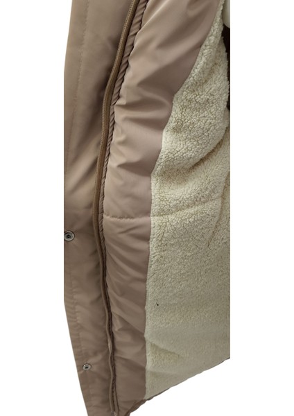 Kız Çocuk Önü Gipeli Kemerli Kapüşonlu Fermuar Çıtçıt Kapama Peluş Astarlı Açık Kahve Midi Boy Mont modelleri