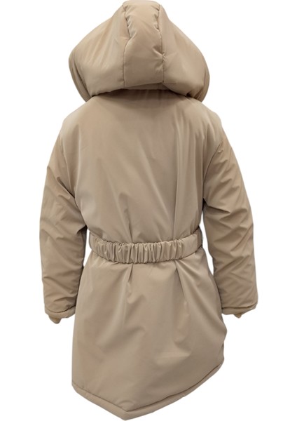 Kız Çocuk Önü Gipeli Kemerli Kapüşonlu Fermuar Çıtçıt Kapama Peluş Astarlı Açık Kahve Midi Boy Mont fırsatları